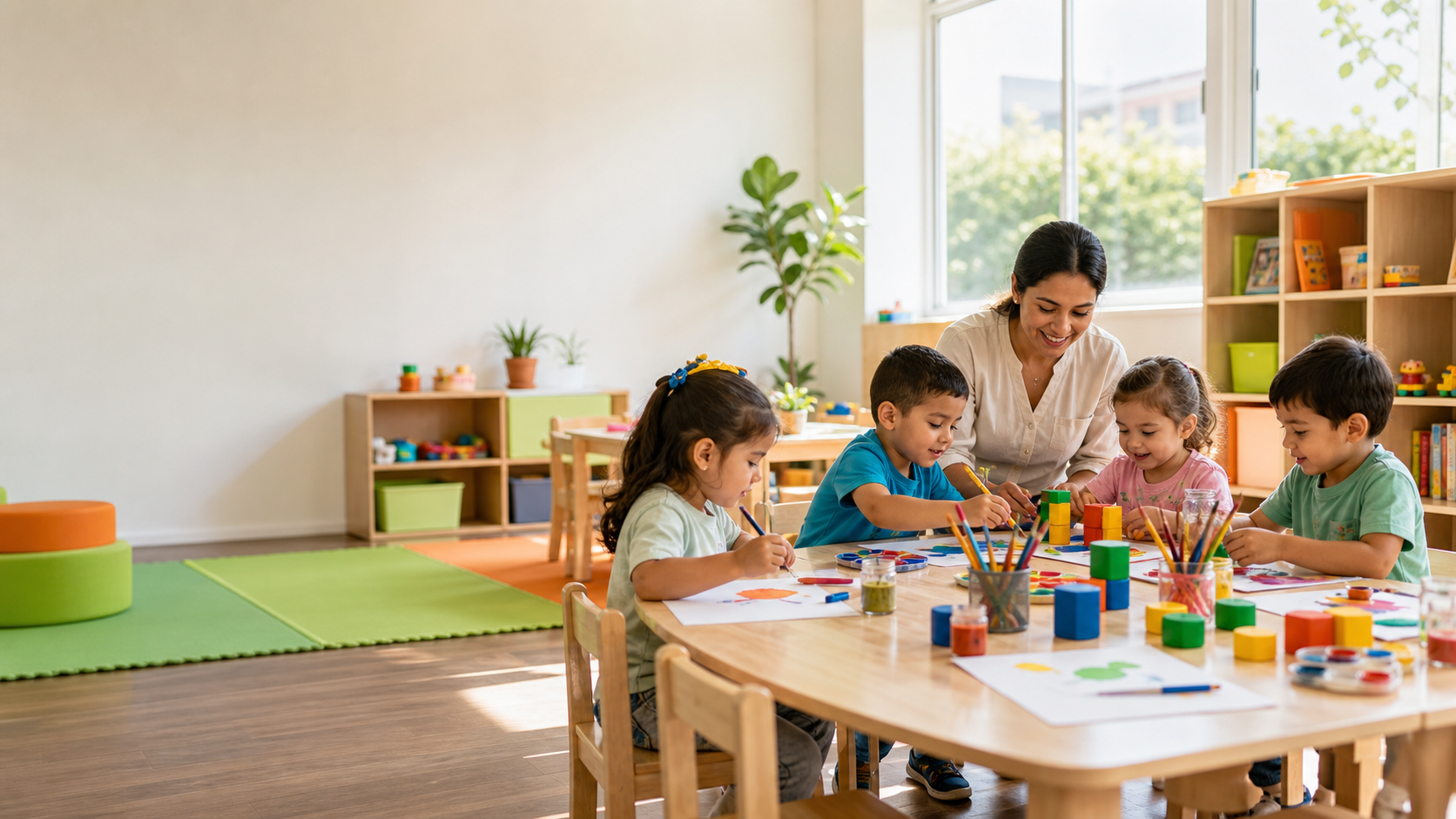 Docente y niños realizando actividades creativas en el aula